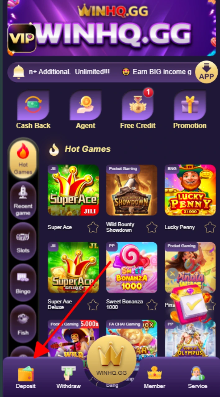 After register or login and just click Deposit at WINHQ Lobby