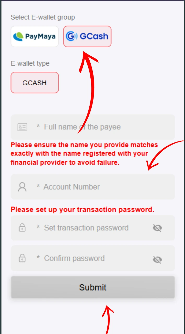 Choose E-Wallet Group and add information to your bank account