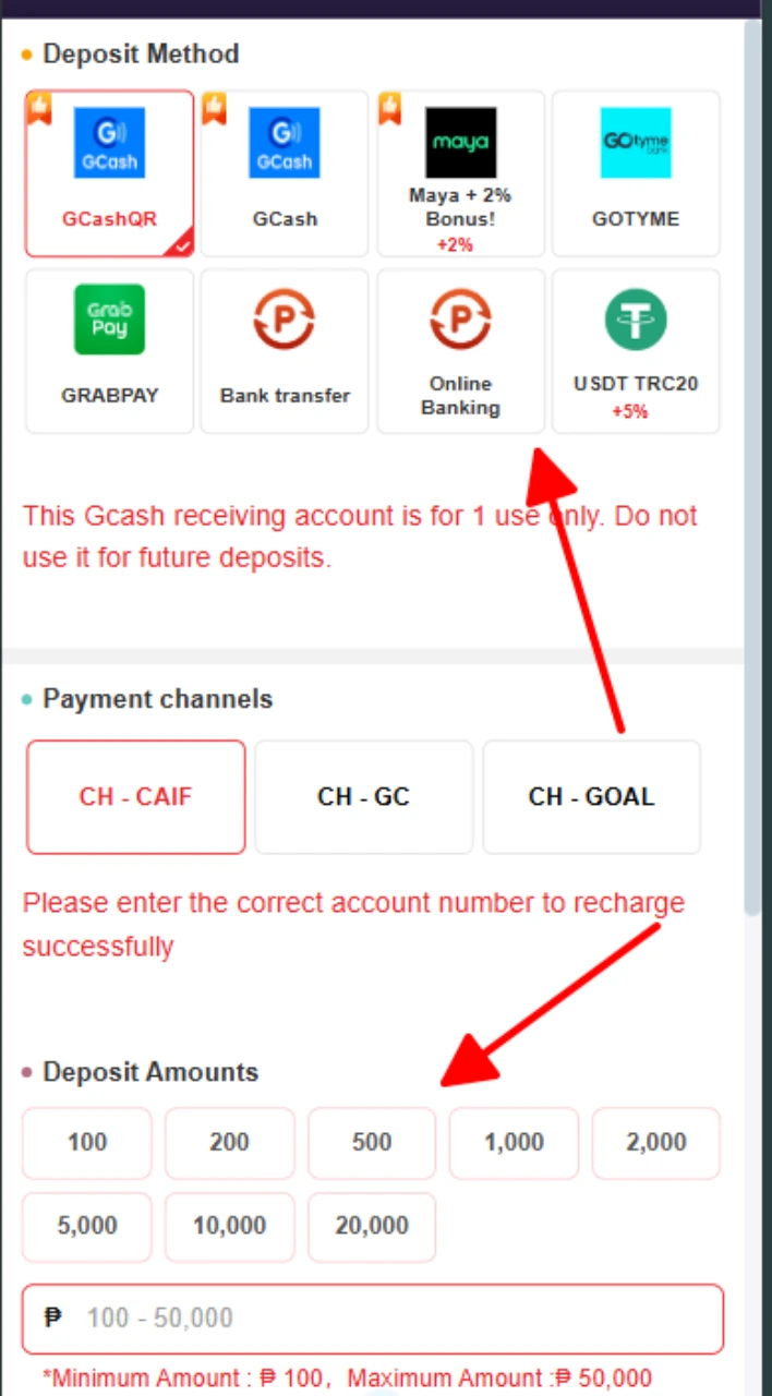 Choose deposit method and enter amount of money to deposit